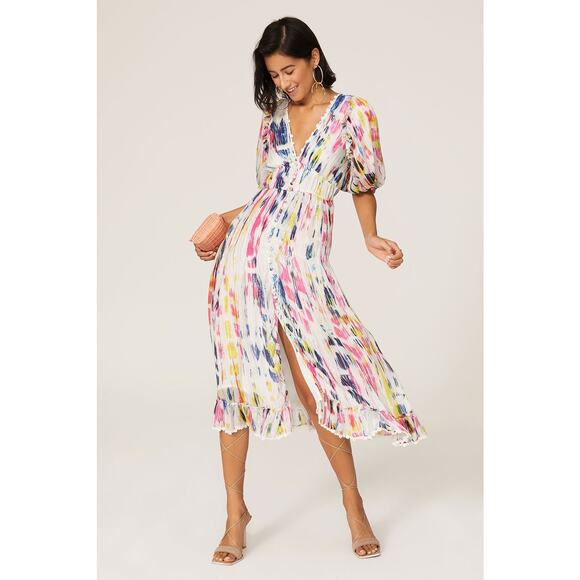 Hemant & Nandita Jorah Multicolor Tie Dye Print V-Neck Puff Sleeve Midi Dress XS - Picture 1 of 16